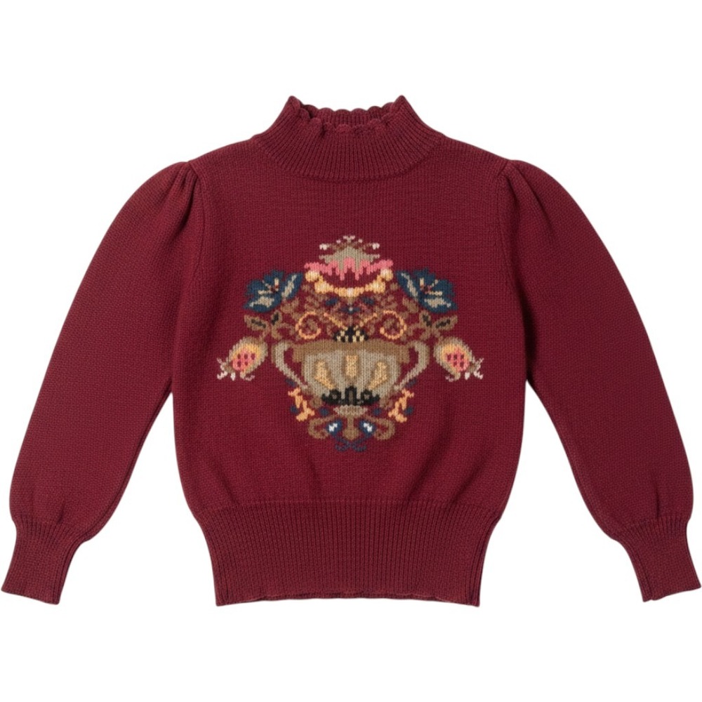 Herman Geist Vintage Burgundy Hand Embroidered Worsted Wool Mock Neck Sweater M